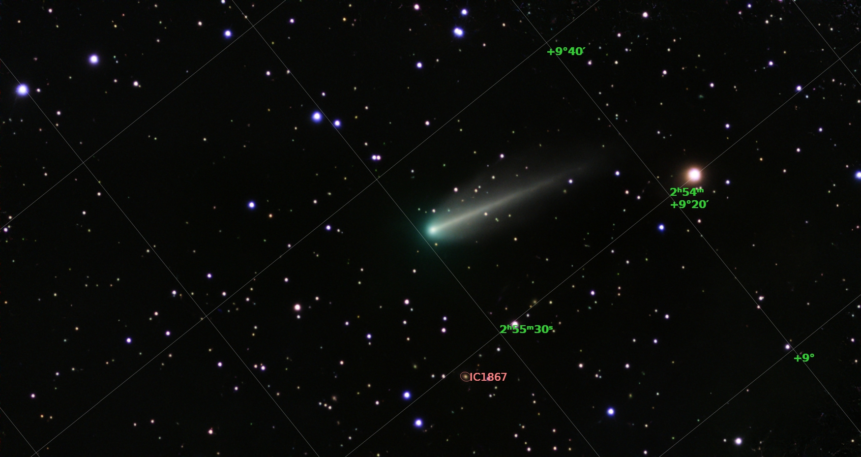 Comet 220P/McNaught viewed from my backyard with a Vespera 1 Telescope. Composite of 96 exposures (960 sec)