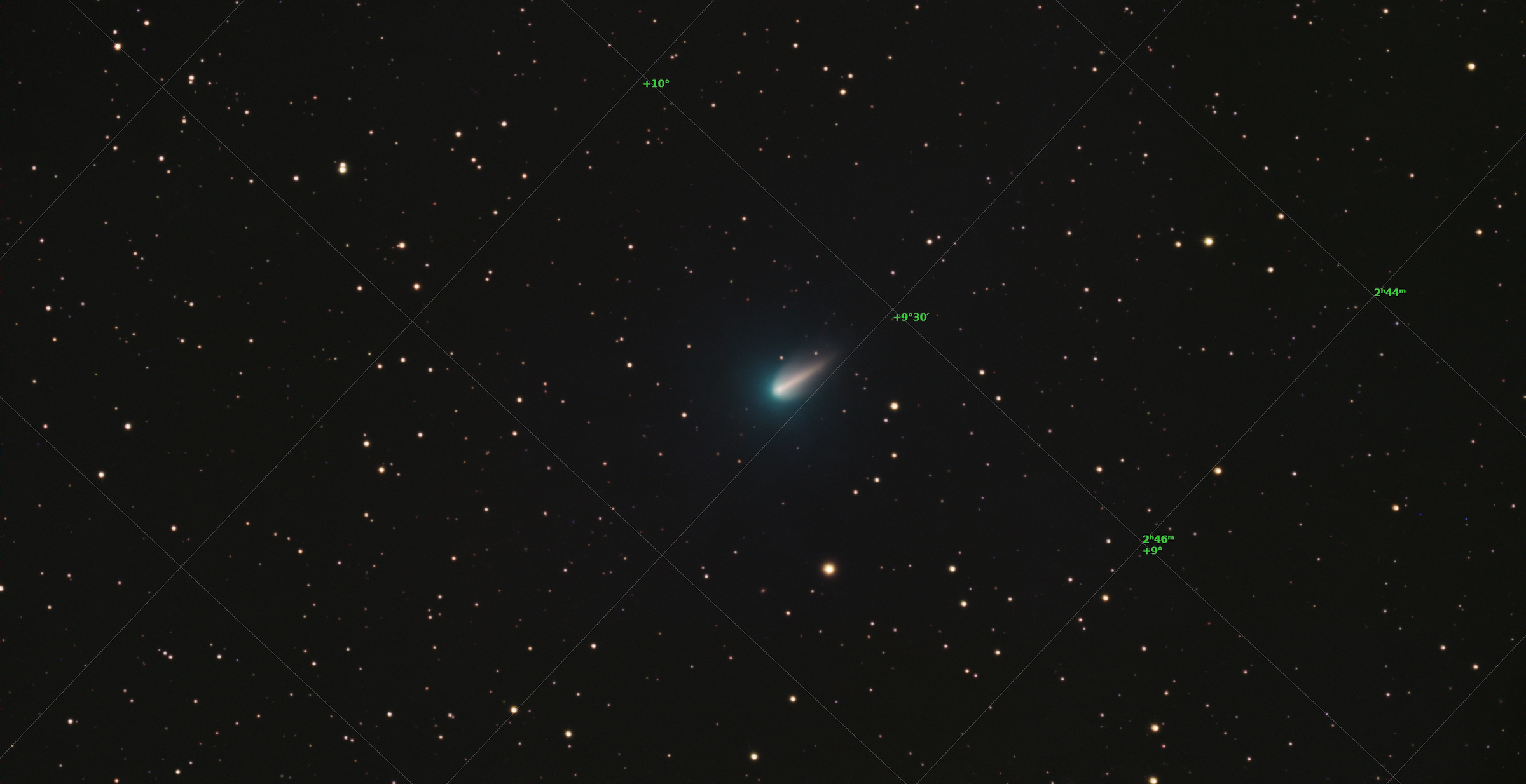 Comet 220P/McNaught viewed from my backyard with a Vespera 2 Telescope. Composite of 139 exposures (1390 sec). Image processed with PixInsight (with added astro grid).Comet 220P/McNaught viewed from my backyard with a Vespera 2 Telescope. Composite of 139 exposures (1390 sec).