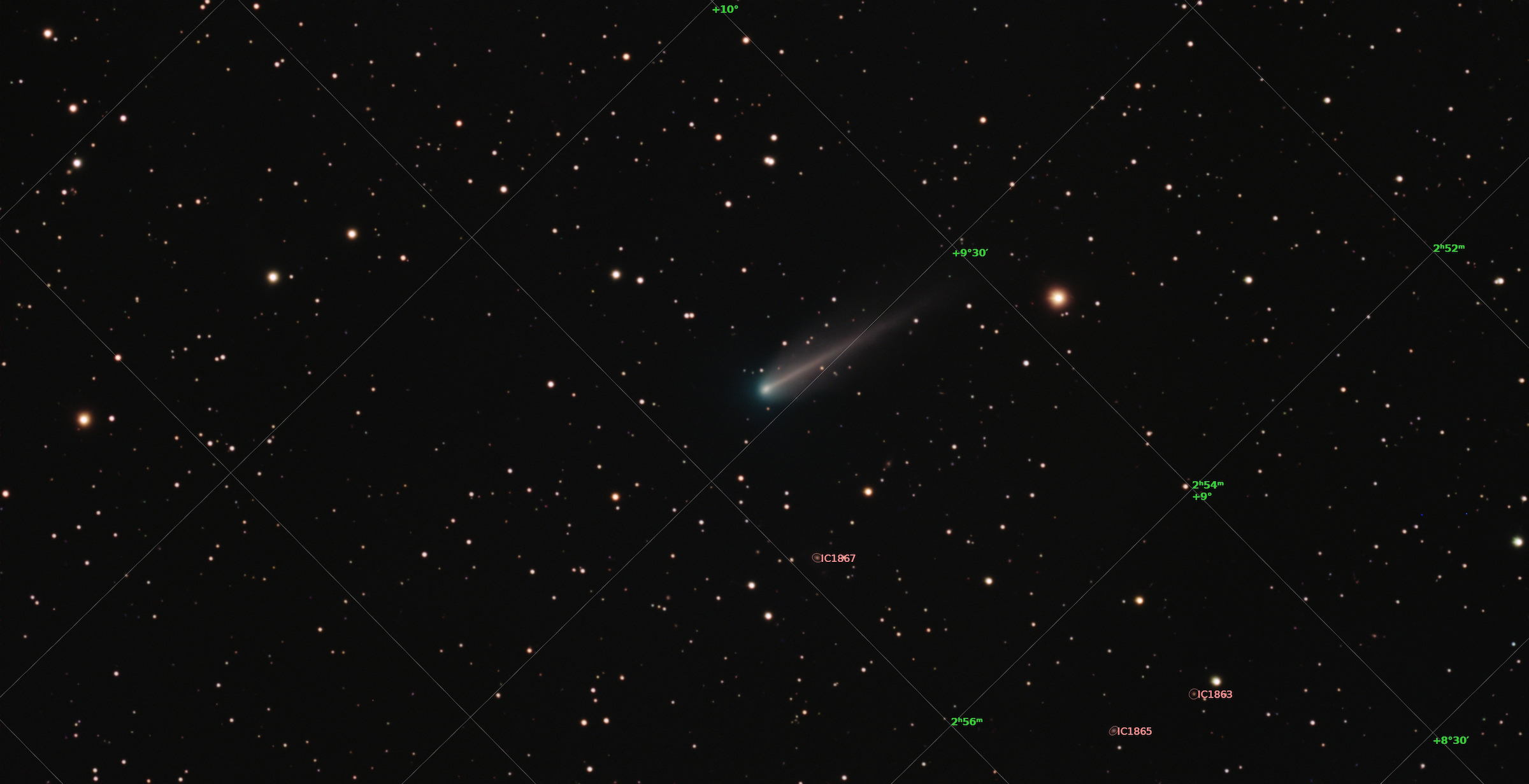 Comet 220P/McNaught viewed from my backyard with a Vespera 2 Telescope. Composite of 137 exposures (1370 sec).