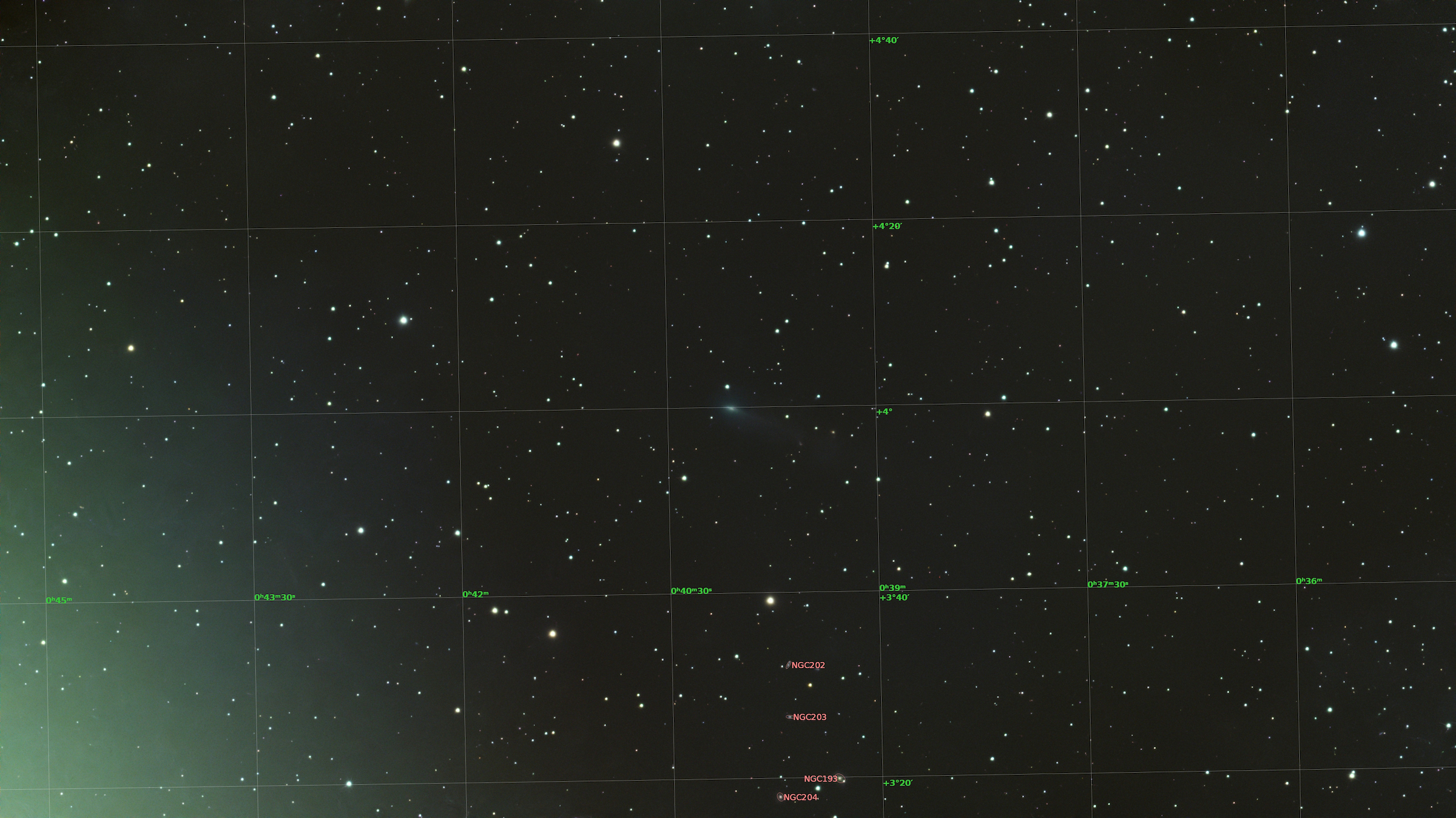 Comet 220P/McNaught viewed from my backyard with a Vespera 3 Telescope. Composite of 188 (10 sec) exposures (1880 sec).