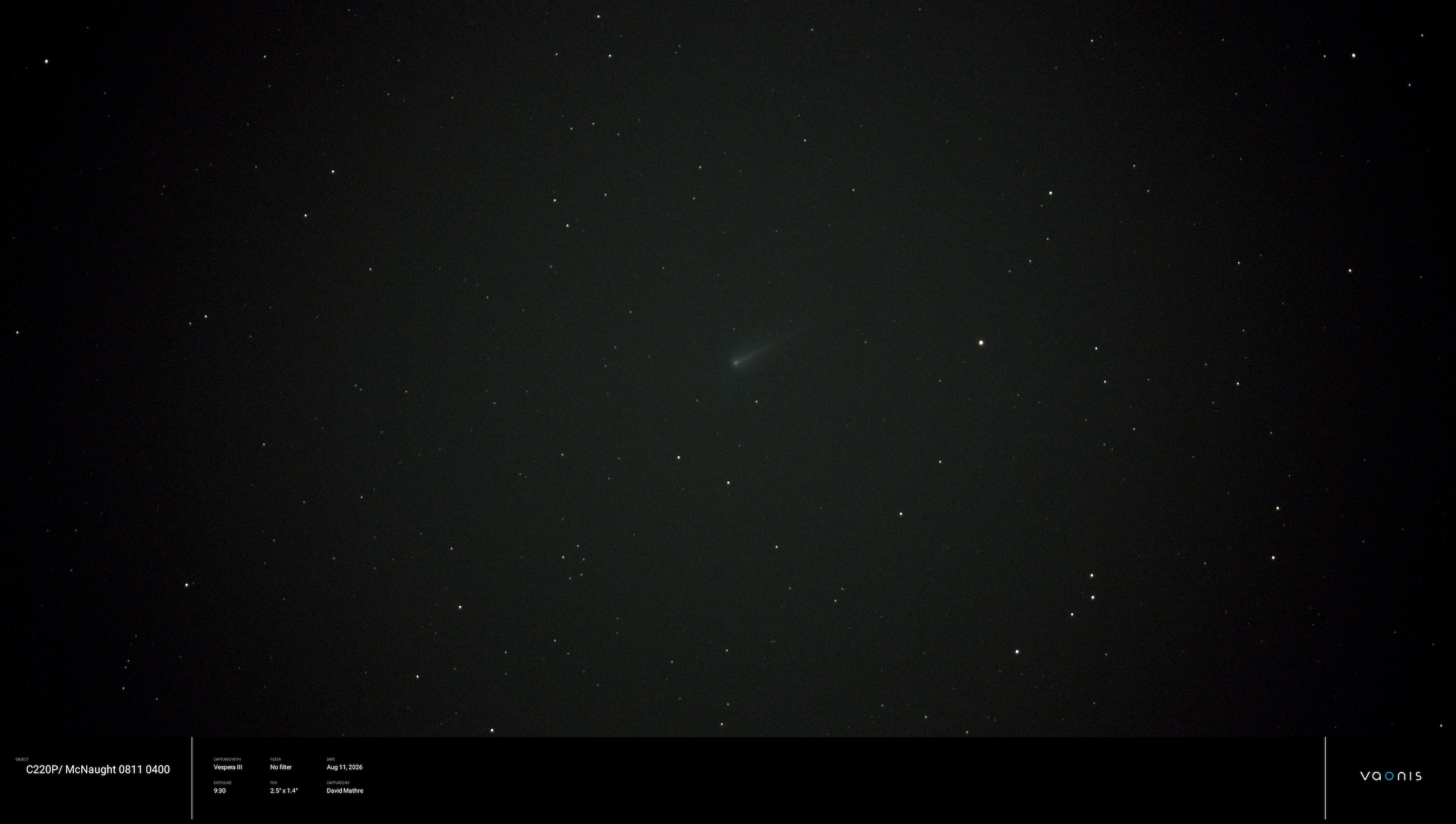 Comet 220P/McNaught viewed from my backyard with a Vespera 3 Telescope. Composite of 56 exposures (560 sec). 
