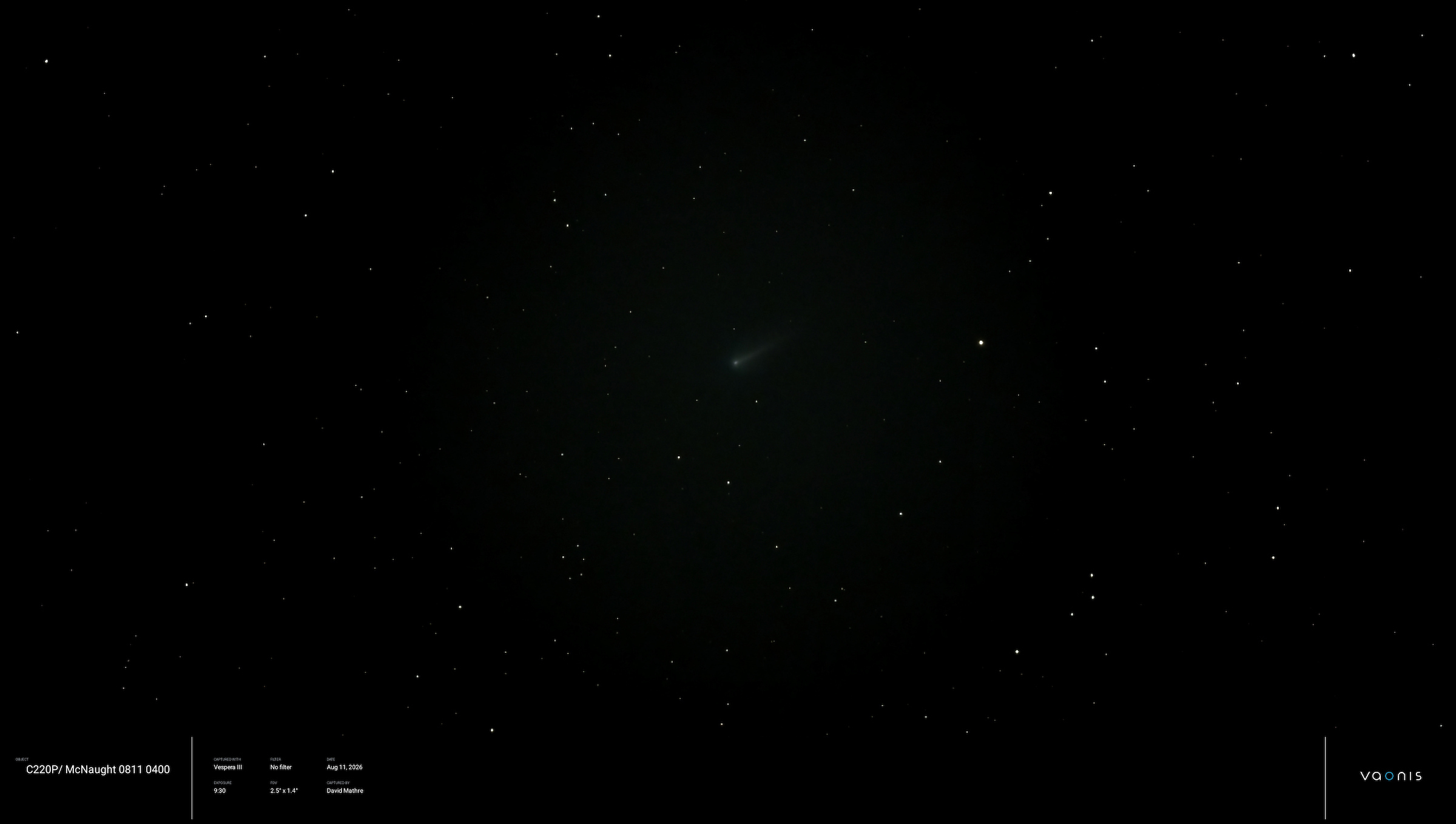 Comet 220P/McNaught viewed from my backyard with a Vespera 3 Telescope. Composite of 56 exposures (560 sec). 