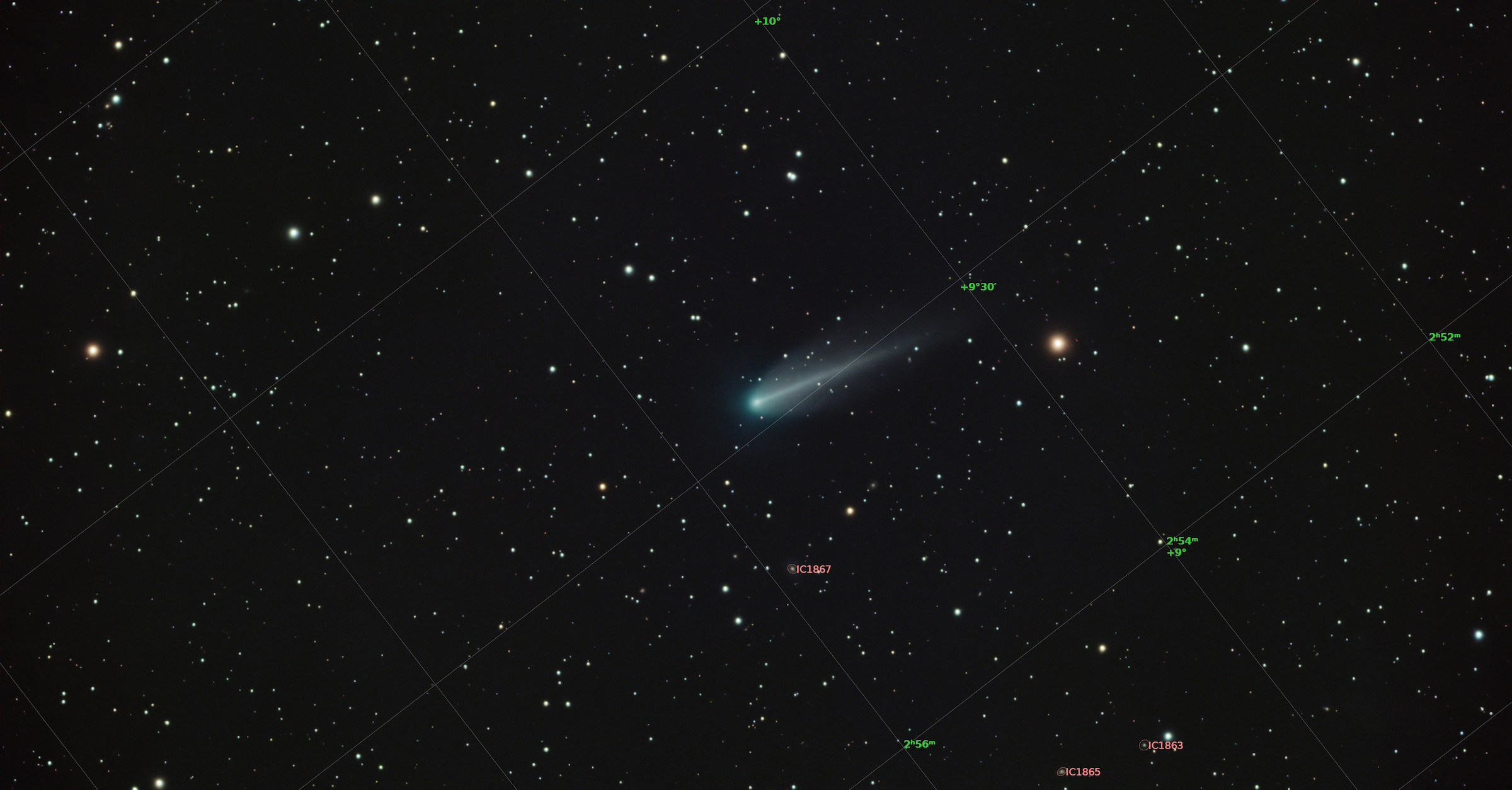 Comet 220P/McNaught viewed from my backyard with a Vespera 3 Telescope. Composite of 127 exposures (1270 sec).
