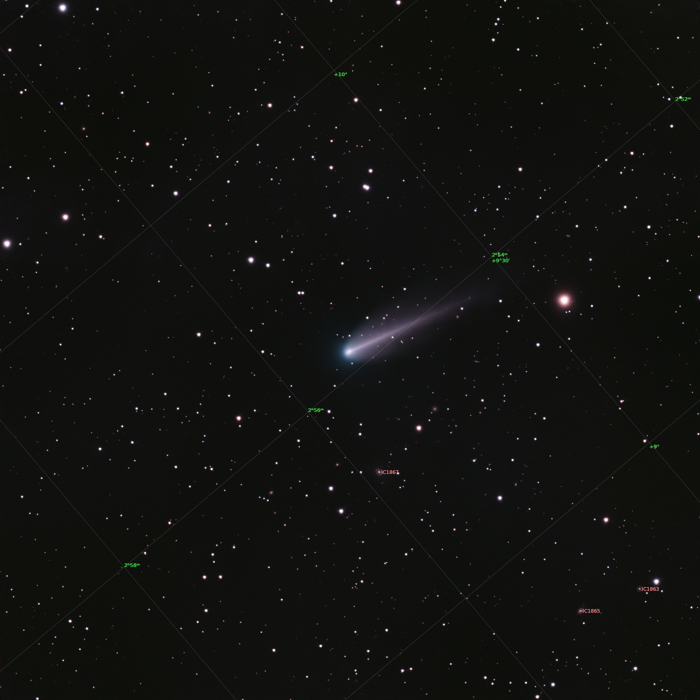Comet 220P/McNaught viewed from my backyard with a Vespera Pro 2 Telescope. Composite of 129 exposures (1290 sec). Image processed with PixInsight. Astro grid overlay. 